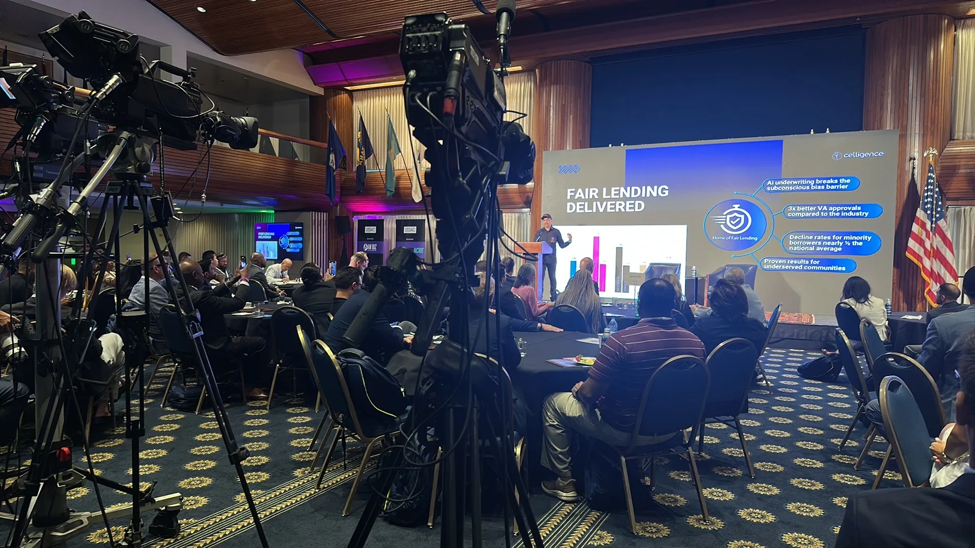 Broadcast cameras positioned for a produced general session